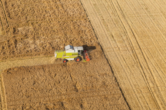 Aerial view of a combine on harvest field